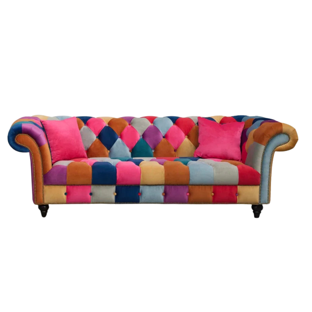 Joseph 3 Seater Chesterfield Patchwork Sofa, white background, front view.