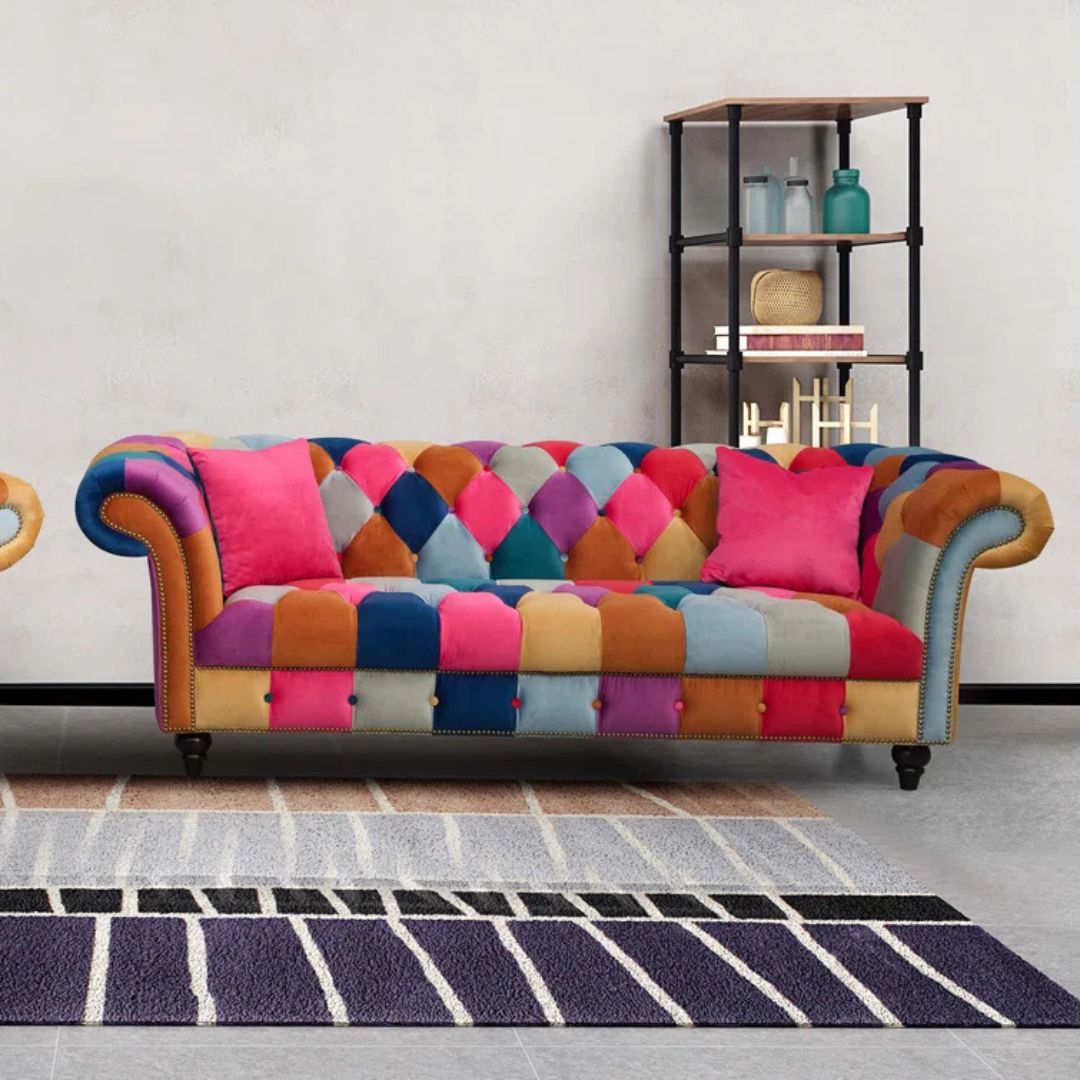 Joseph 3 Seater Chesterfield Patchwork Sofa, set in a modern home.