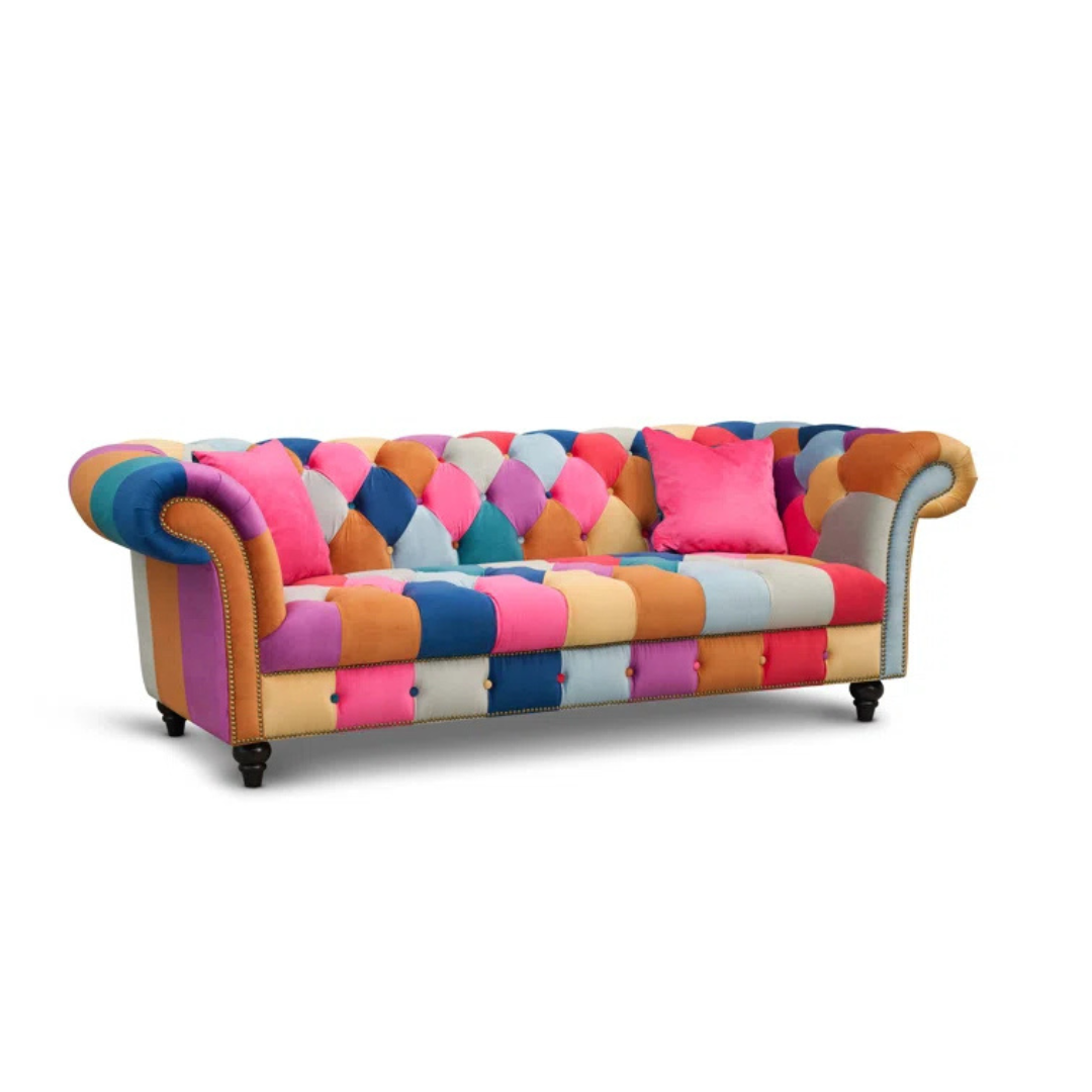 Joseph 3 Seater Chesterfield Patchwork Sofa, white background.