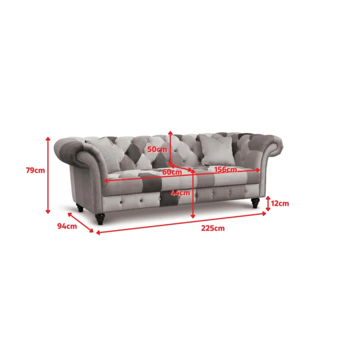 Joseph 3 Seater Chesterfield Patchwork Sofa, dimensions.