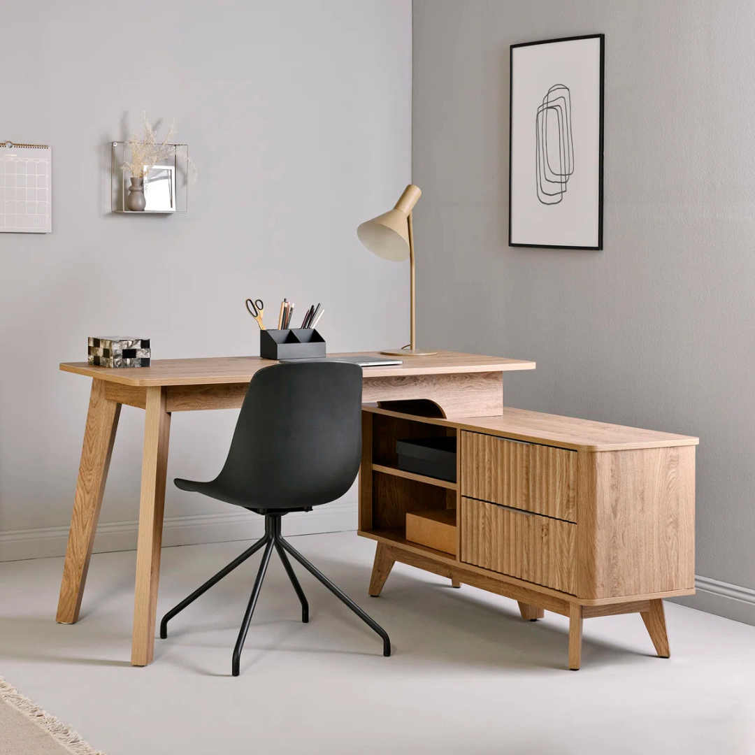 L-Shape Modern Mid Century Desk With Storage, wide view of desk set in modern office.