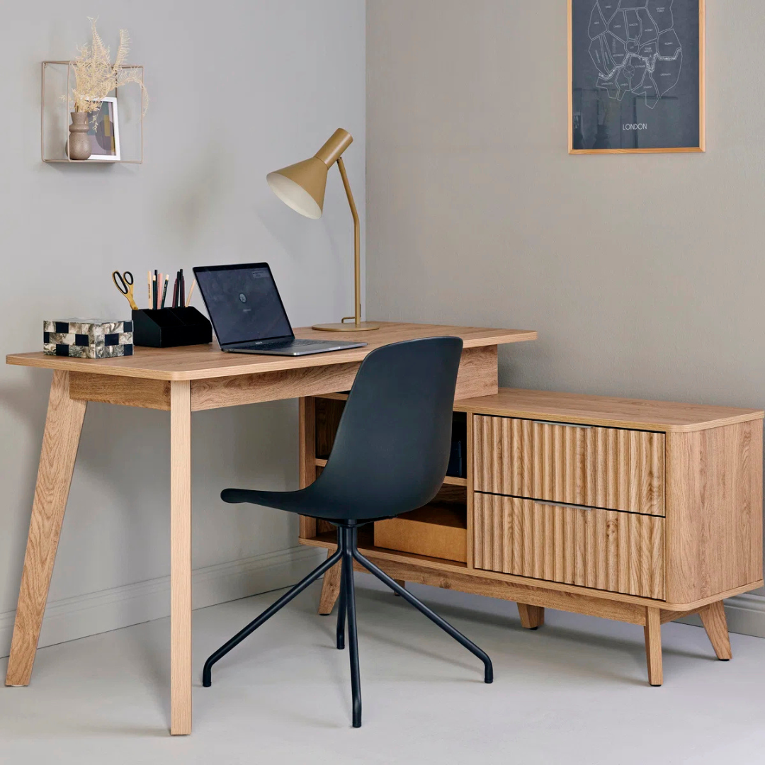 L-Shape Modern Mid Century Desk With Storage, set in a modern office.
