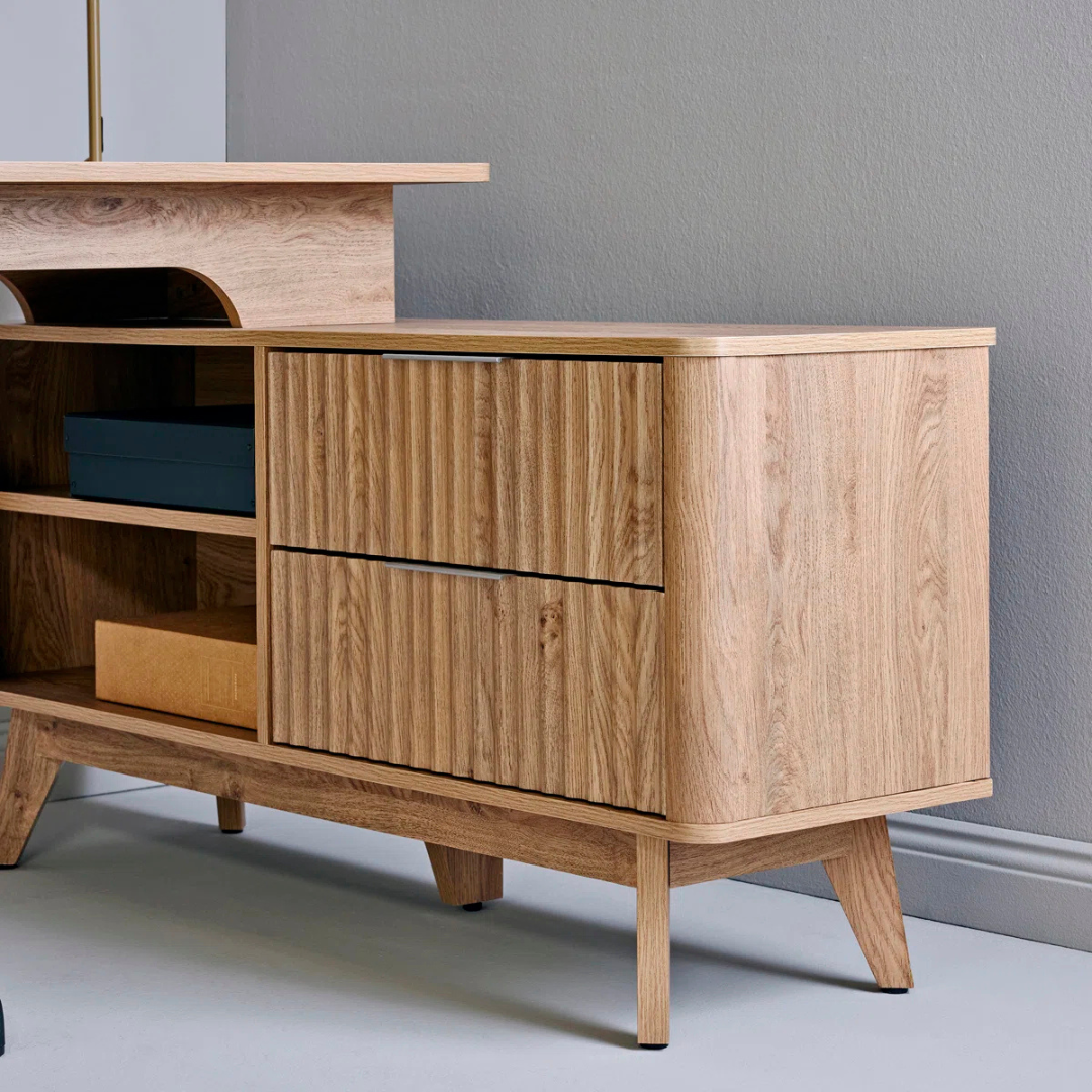 L-Shape Modern Mid Century Desk With Storage, close up of two drawer storage.