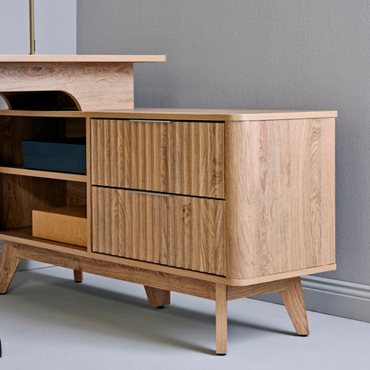 L-Shape Modern Mid Century Desk With Storage, close up of two drawer storage.
