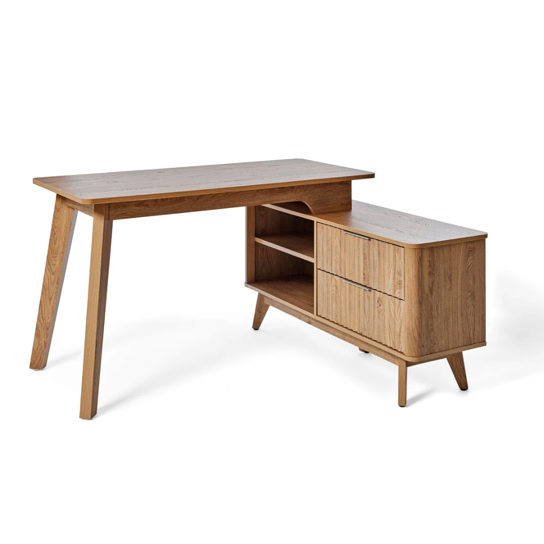 L-Shape Modern Mid Century Desk With Storage, white background.