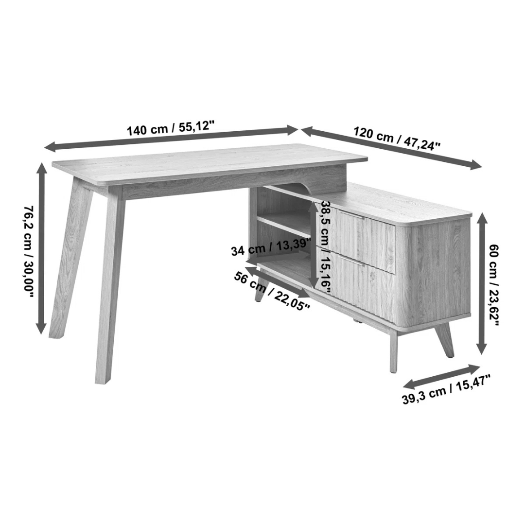L-Shape Modern Mid Century Desk With Storage, dimensions.