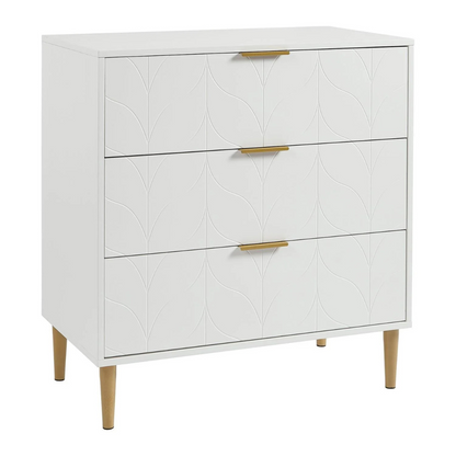 Leaf Design 3 Drawer Chest Of Drawers White, white background.