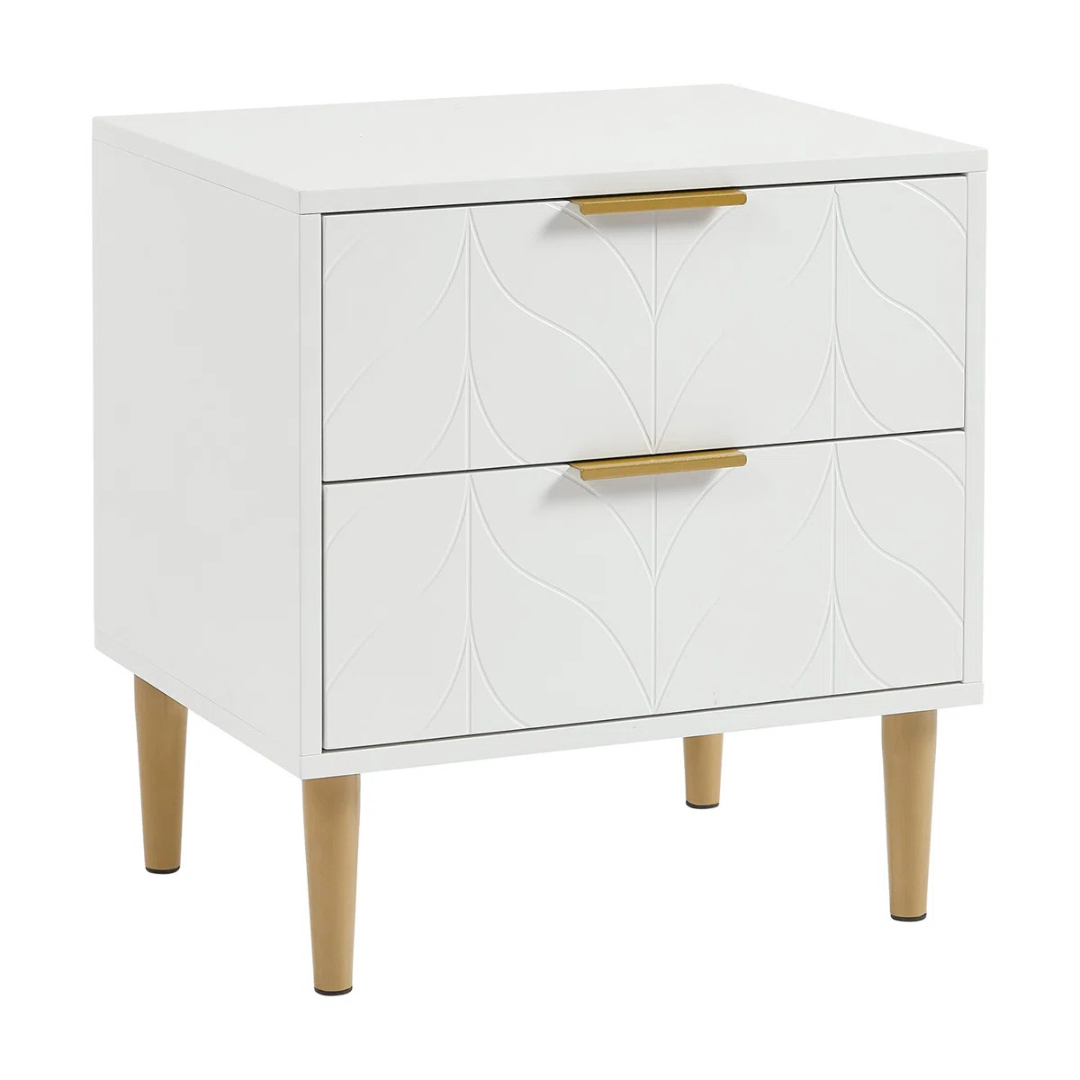 Leaf Design Bedside Table Drawers White, white background, angled background.