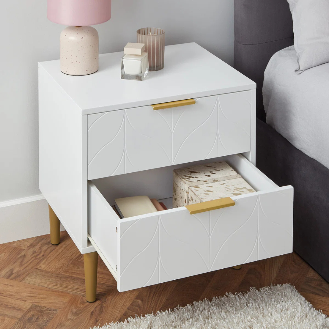 Leaf Design Bedside Table Drawers White, angled view, with draw open.