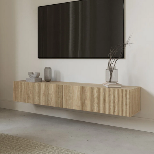 Light Oak Paneling Floating TV Wall Unit