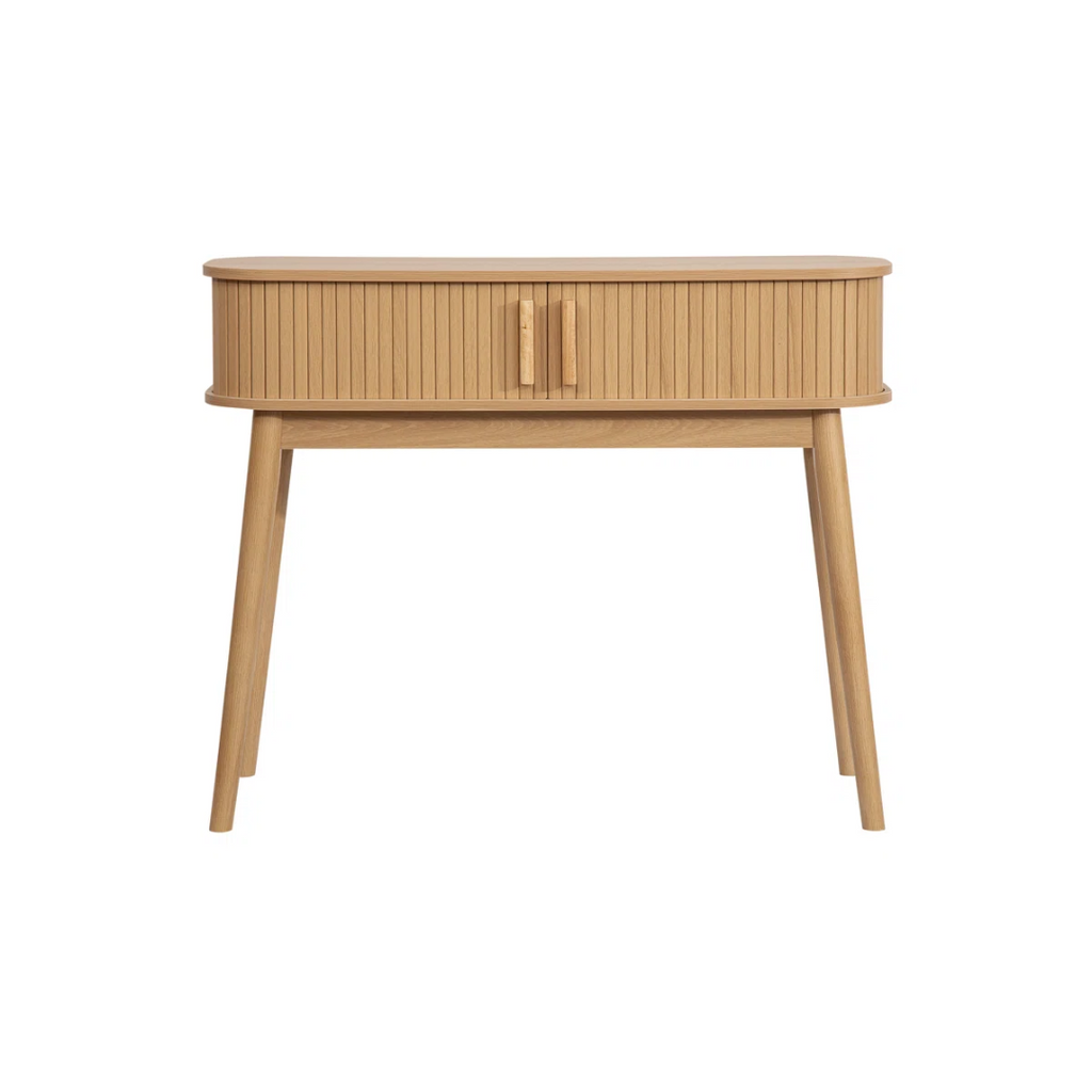 Wooden console table with a single drawer on a white background