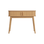 Wooden console table with a single drawer on a white background