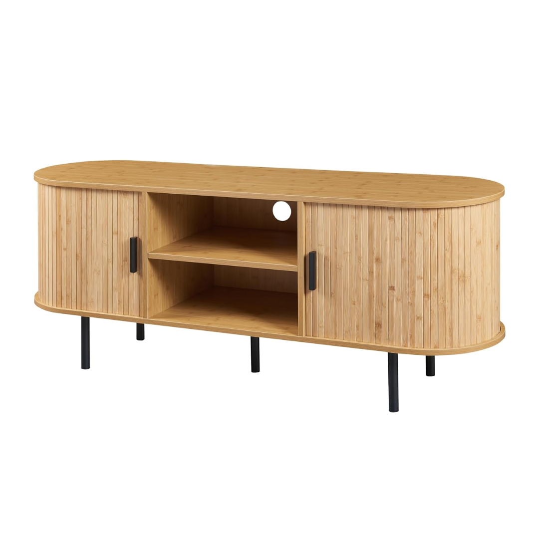 Wooden TV stand with black legs on a white background