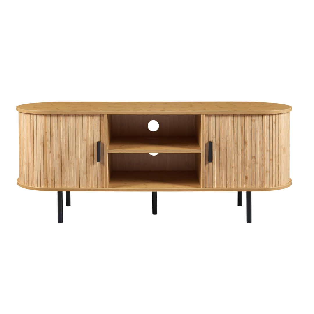 Wooden TV stand with a white background