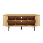 Wooden TV stand with open shelves on a white background