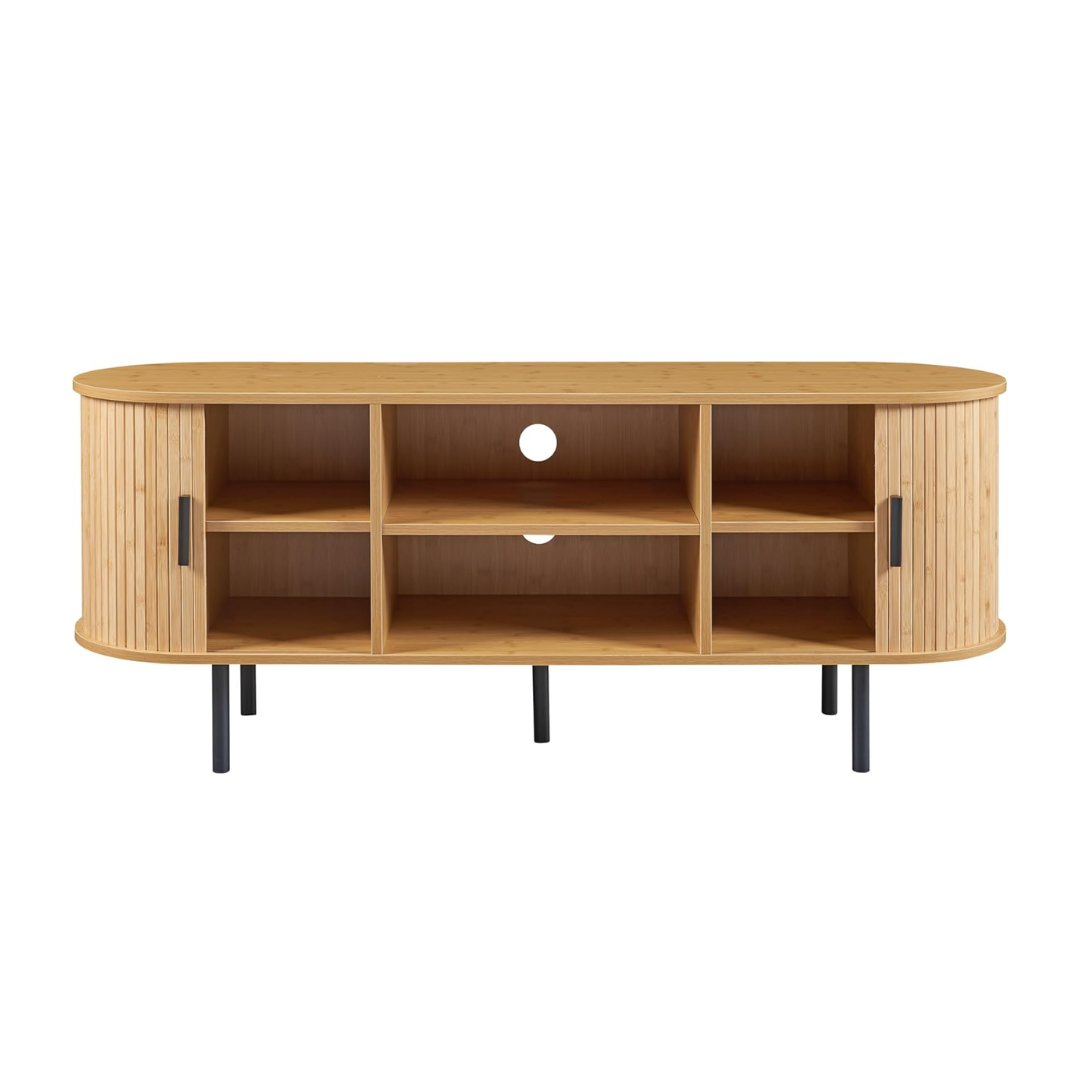 Wooden TV stand with open shelves on a white background
