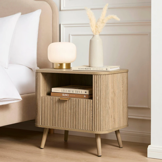 Light Wood Panel Bedside Table And Shelves