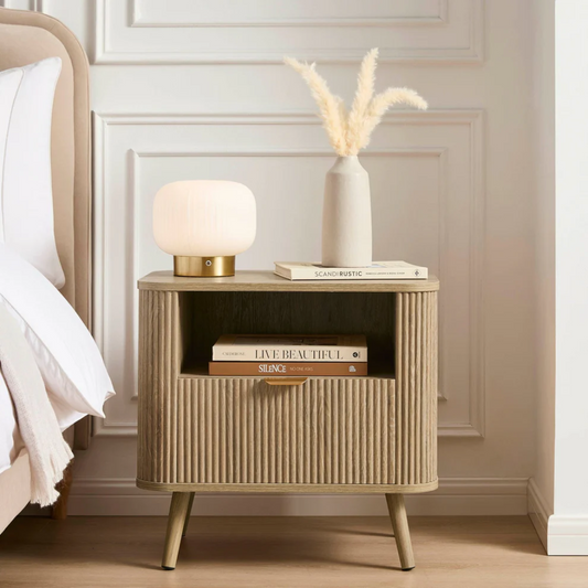 Light Wood Panel Bedside Table And Shelves