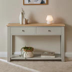Linen Grey Console Table With Drawers, set in a modern home front view.