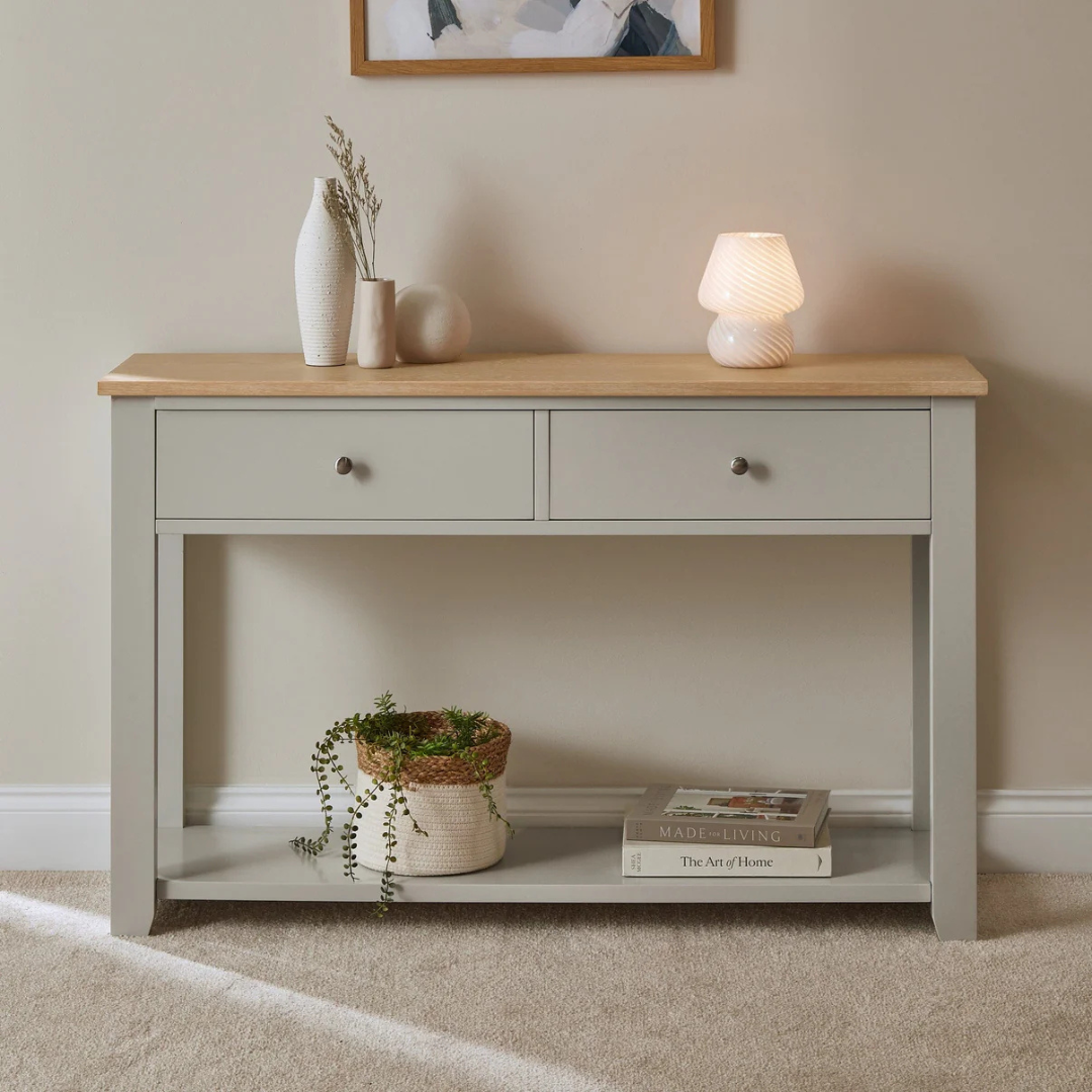 Linen Grey Console Table With Drawers, set in a modern home front view.