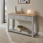 Linen Grey Console Table With Drawers, set in a modern home , angled view.