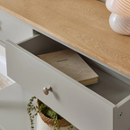 Linen Grey Console Table With Drawers, close up to drawer.