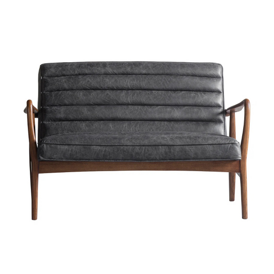 Gray cushioned sofa with wooden frame on a white background