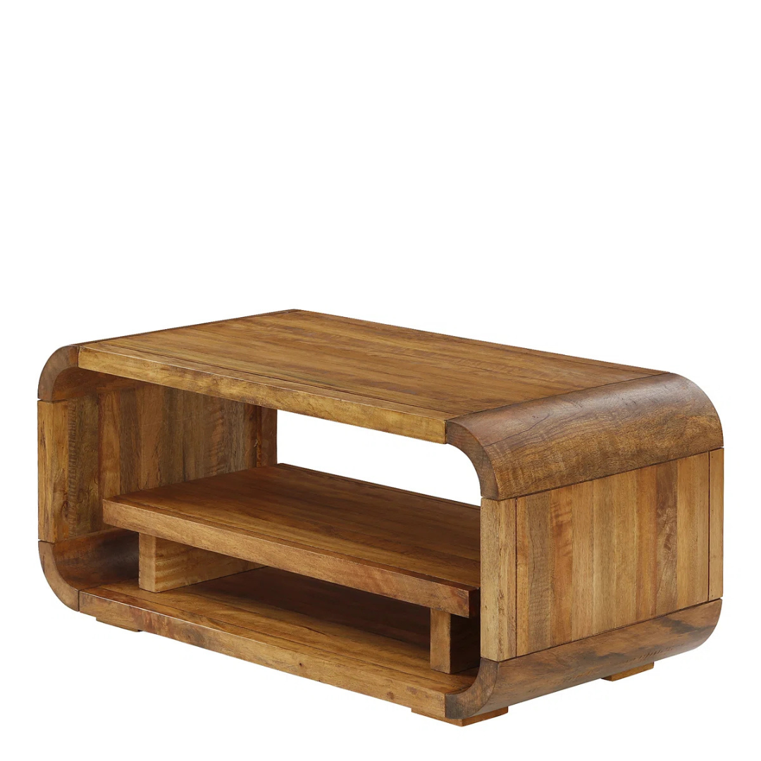 Mango wood curve coffee table with rounded edges, white background, angled view.