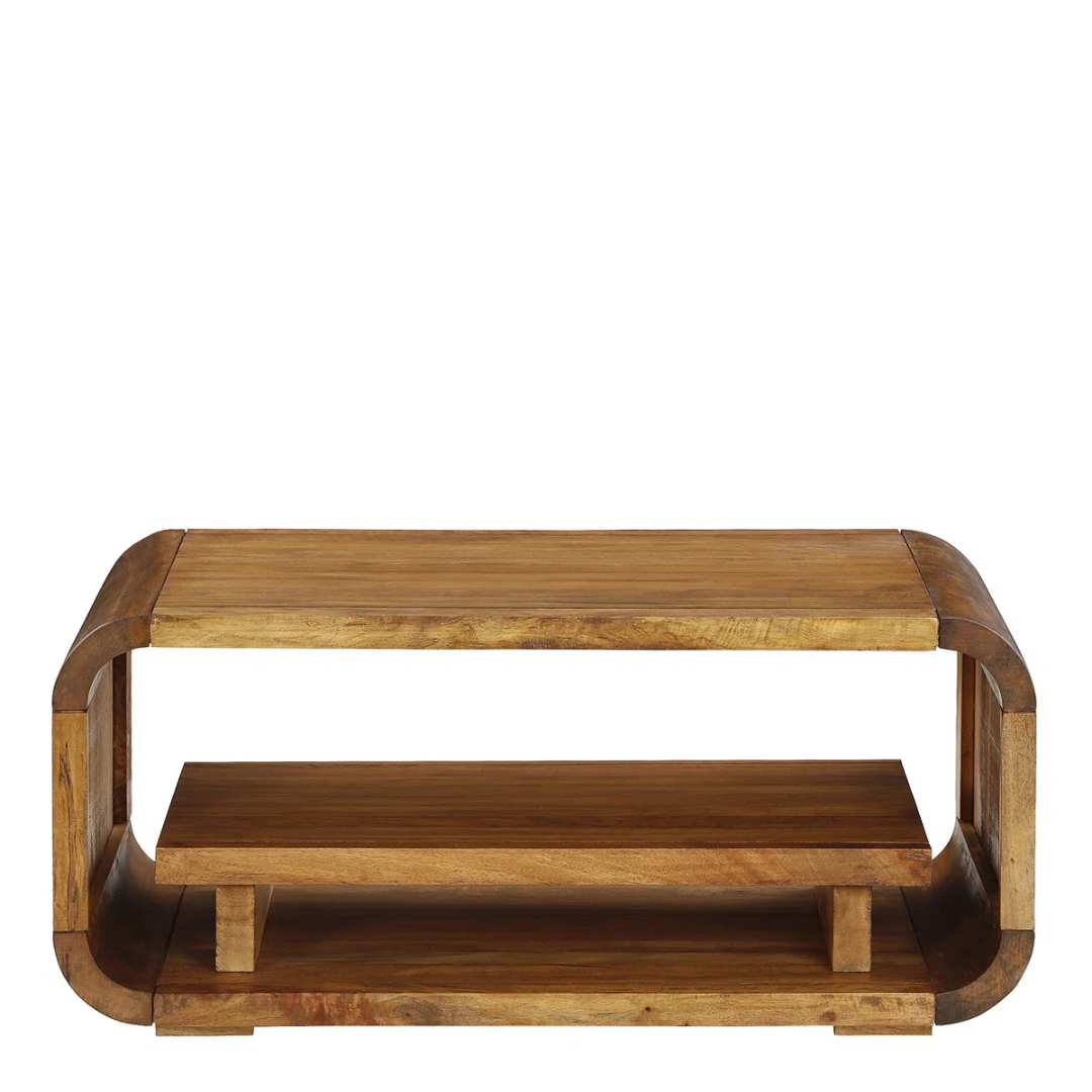 Mango wood curve coffee table with rounded edges, white background,, front view.