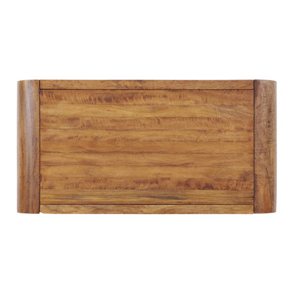 Mango wood curve coffee table with rounded edges, white background, top view.