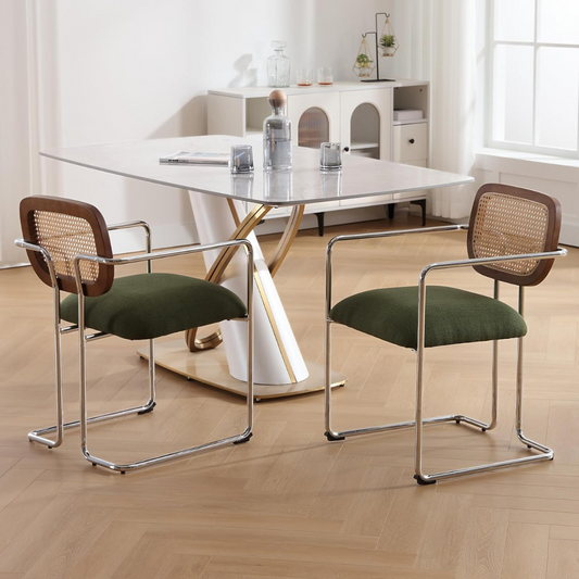 Metal Frame Khaki Dining Table Rattan Chairs styled in a mid century dining room set up