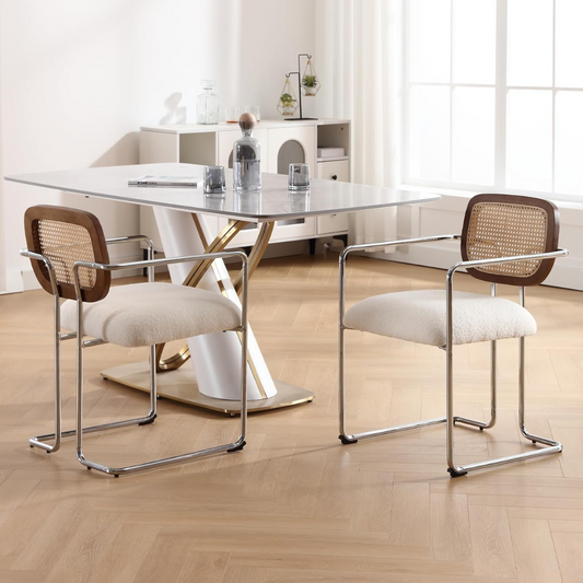 Metal Frame Dining Table Rattan Chairs styled in a mid century dining room