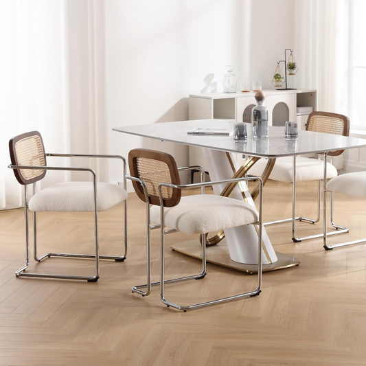 Metal Frame Dining Table Rattan Chairs in a full dining set up with table