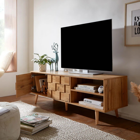 Mid-Century Modern TV Cabinet, set in a mid-century modern home, with cabinet door open.