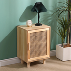 Mid-Century Rattan Cane Bedside Cabinet, set in a mid century home, , angled view.