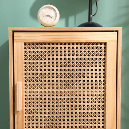 Mid-Century Rattan Cane Bedside Cabinet, close up to cane door.