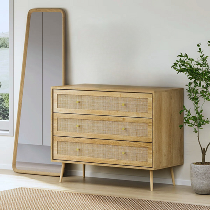 Mid-Century Rattan Bedroom Chests Of Drawers, set in a modern home.