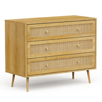 Mid-Century Rattan Bedroom Chests Of Drawers, white background, angled view.
