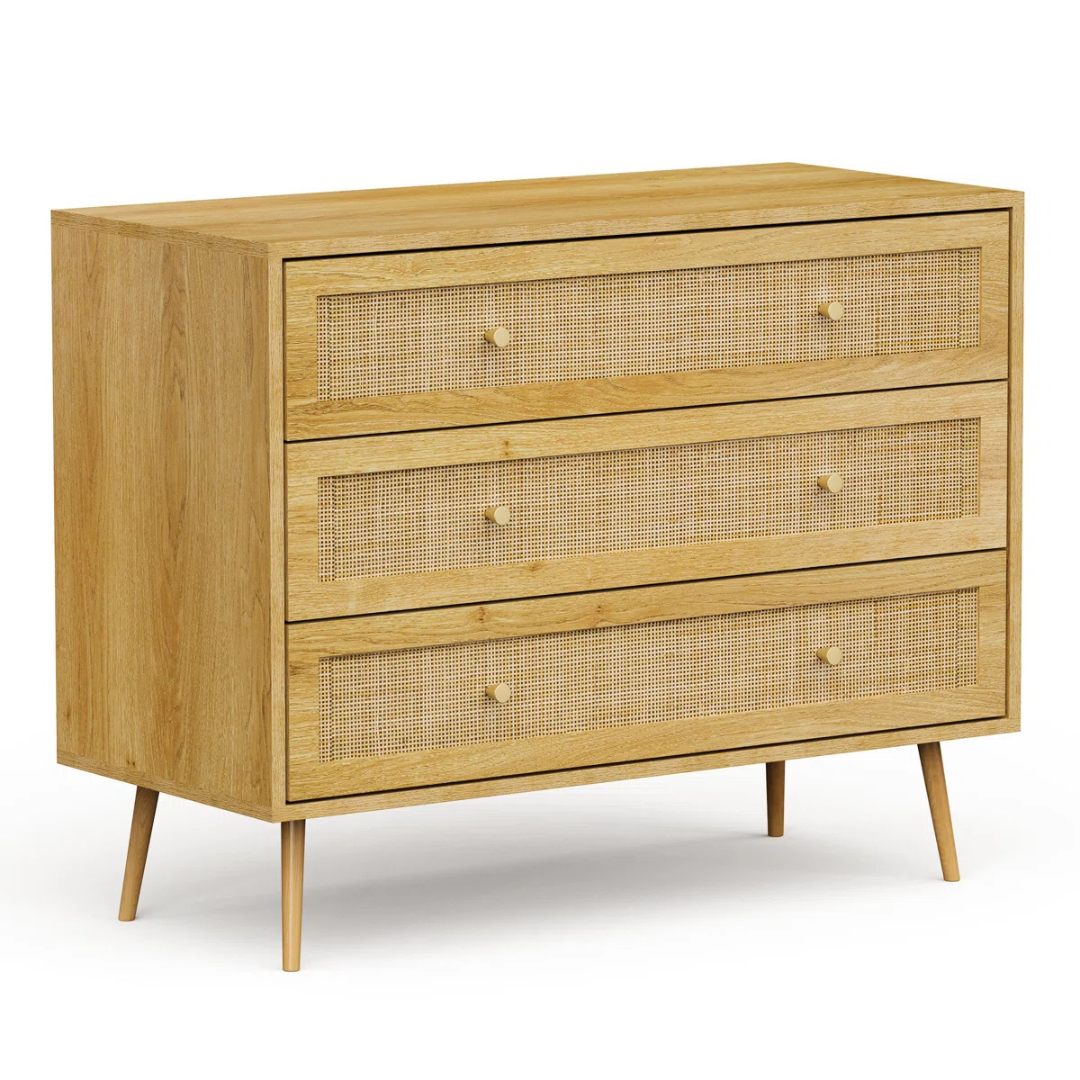 Mid-Century Rattan Bedroom Chests Of Drawers, white background, angled view.