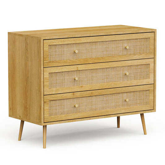 Mid-Century Rattan Bedroom Chests Of Drawers, white background, angled view.