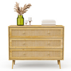 Mid-Century Rattan Bedroom Chests Of Drawers, white background, front view.