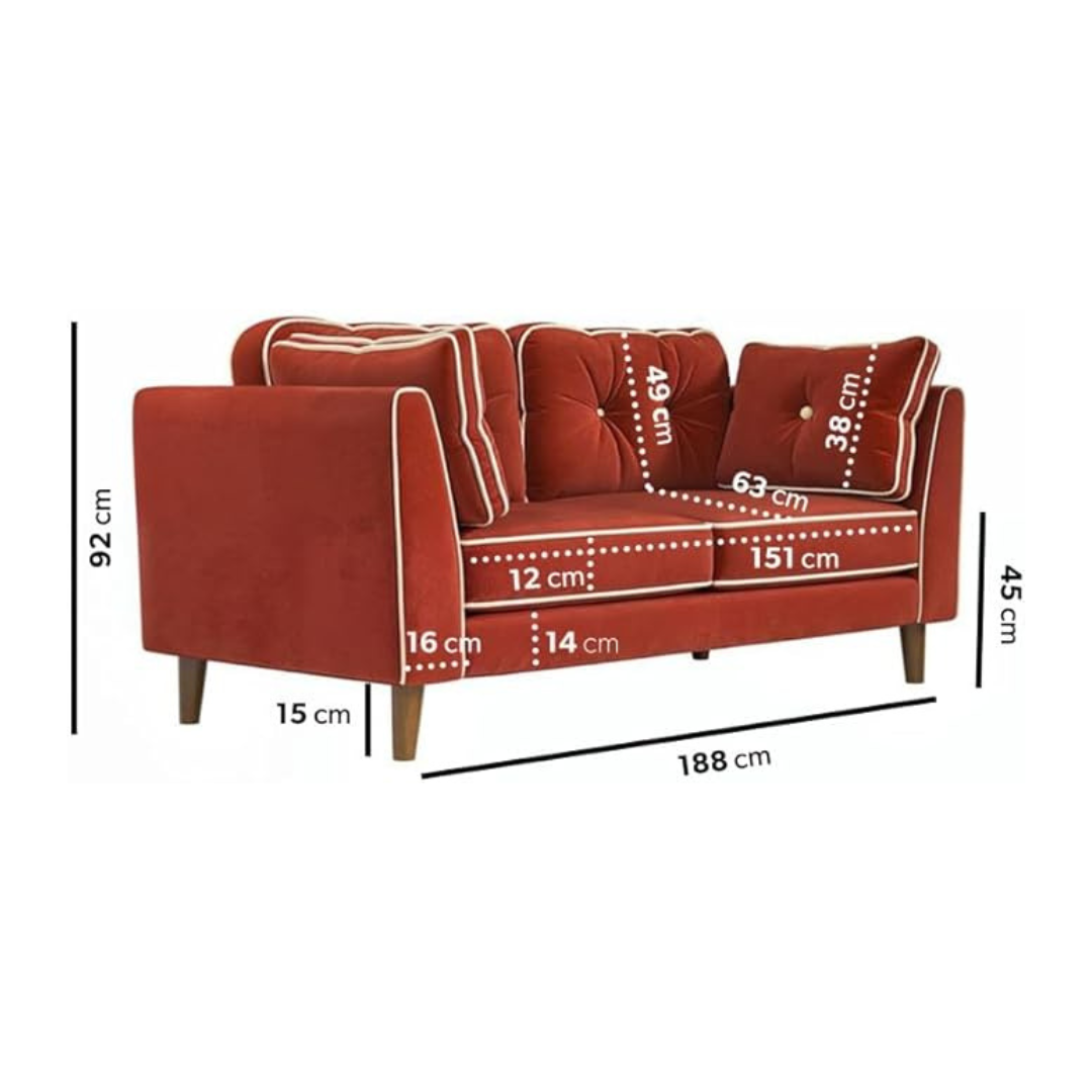 Red sofa with dimensions marked on a white background