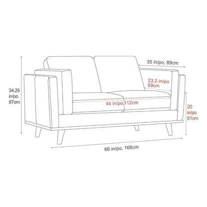 Mid Century Modern 2 Seat Real Leather Sofa, dimensions
