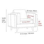 Measurement chart of a chair with dimensions labeled in inches and centimeters.