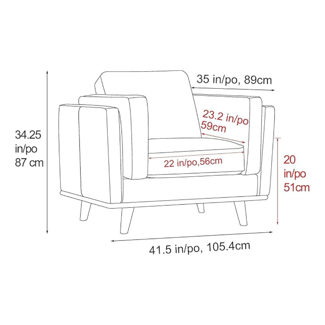 Measurement chart of a chair with dimensions labeled in inches and centimeters.