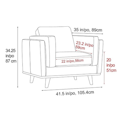 Measurement chart of a chair with dimensions labeled in inches and centimeters.