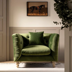 Mid Century Olive Green Armchair front view in a vintage modern living room