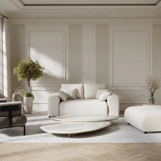 Modern 2-Seater Cream Boucle Sofa, set in a modern home, wide view.