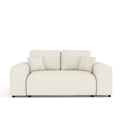 Modern 2-Seater Cream Boucle Sofa, white background, front view.