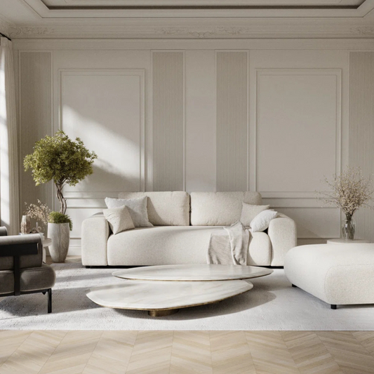 Modern 3-Seater Cream Boucle Sofa, zoomed out photo set in a modern home.
